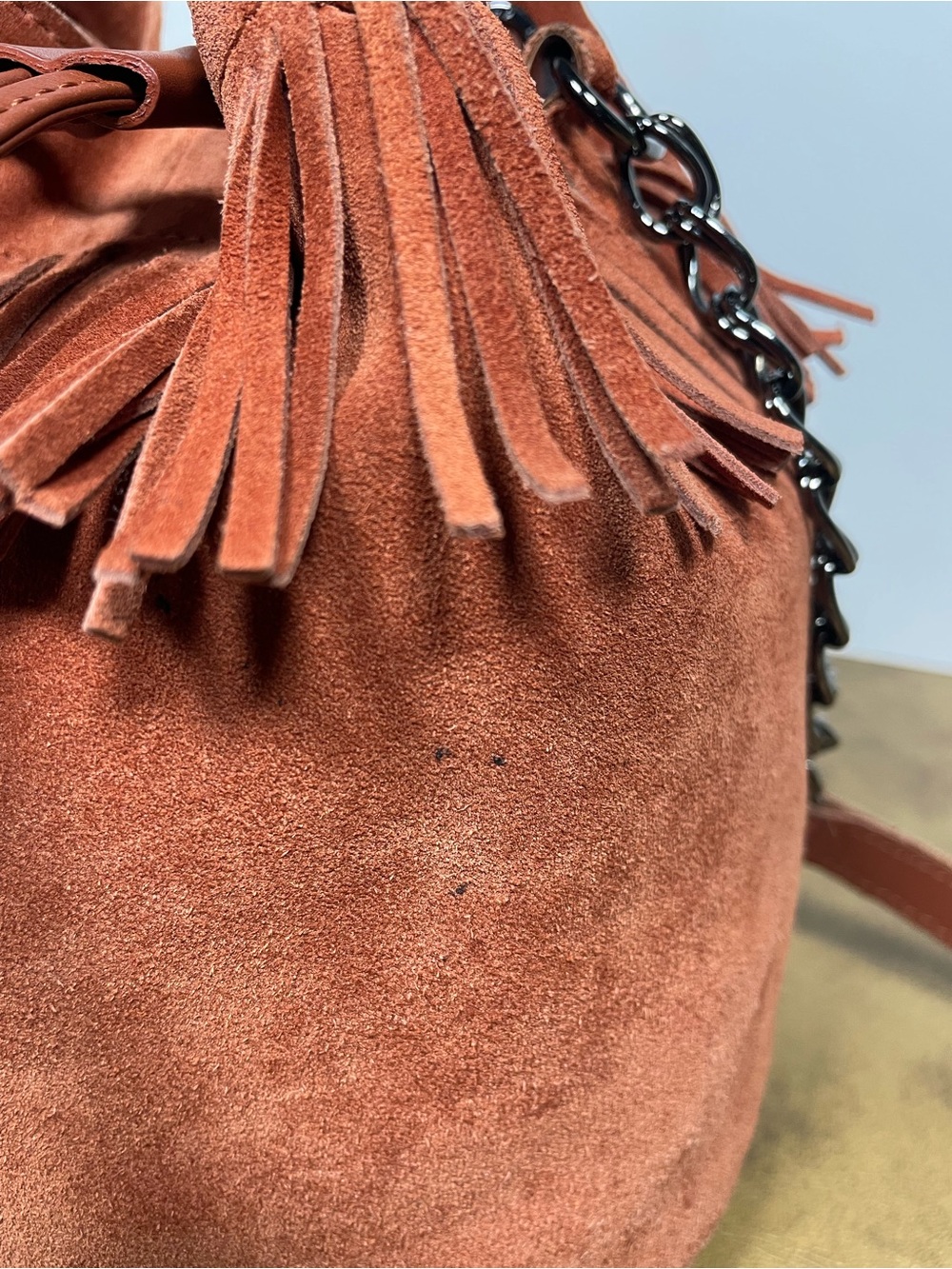 Longchamp Paris Rocks Velours Suede Fringe Bucket Crossbody Rust - Picture 9 of 13